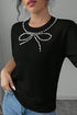 Black Pearl Bow Necklace Embellished Short Sleeve Knitted T Shirt